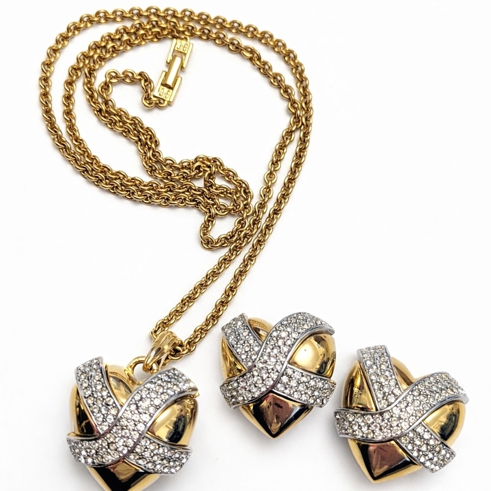 Vintage Givenchy Heart Necklace & Earrings Set Gold Tone Pave Rhinestone Design